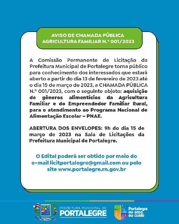 AVISO DE CHAMADA PÚBLICA: AGRICULTURA FAMILIAR N.º 001/2023